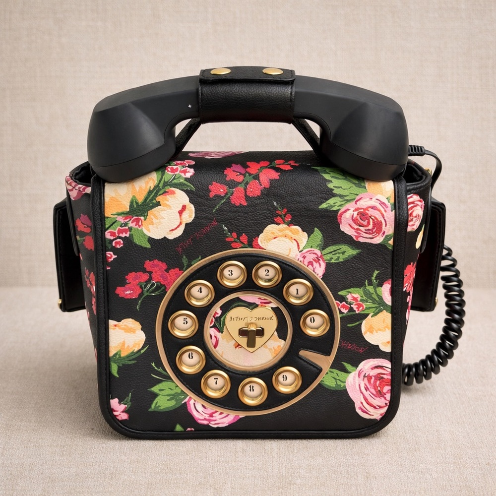 BETSEY JOHNSON novelty phone bag faux leather floral crossbody handbag